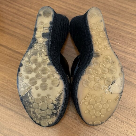 Jimmy Choo Phyllis Espadrille Wedges Mixmatch L: 37.5 / R: 37 Black Patent - Picture 8 of 12